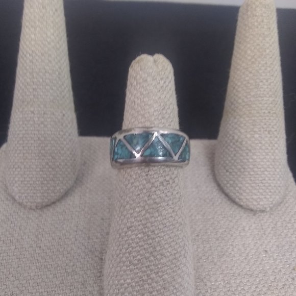 Southwestern Crushed Turquoise Inlay Sterling Ring - Picture 3 of 5